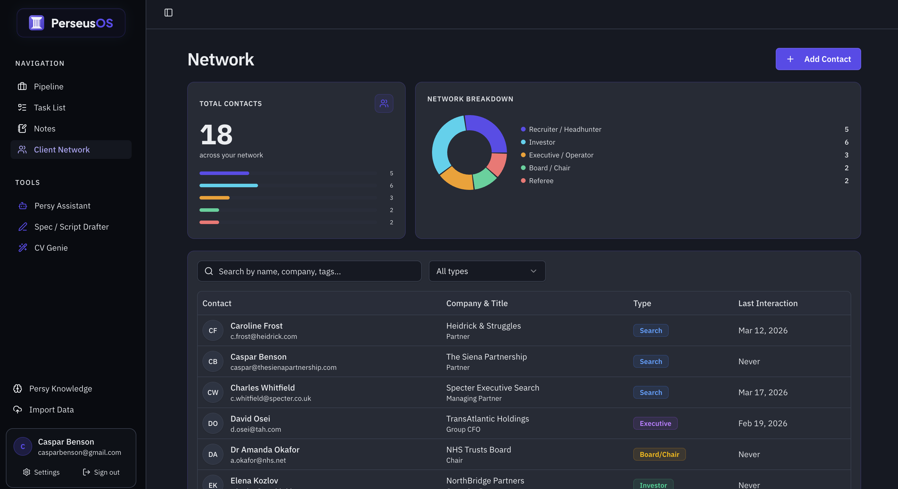 Custom CRM network view showing contact relationships