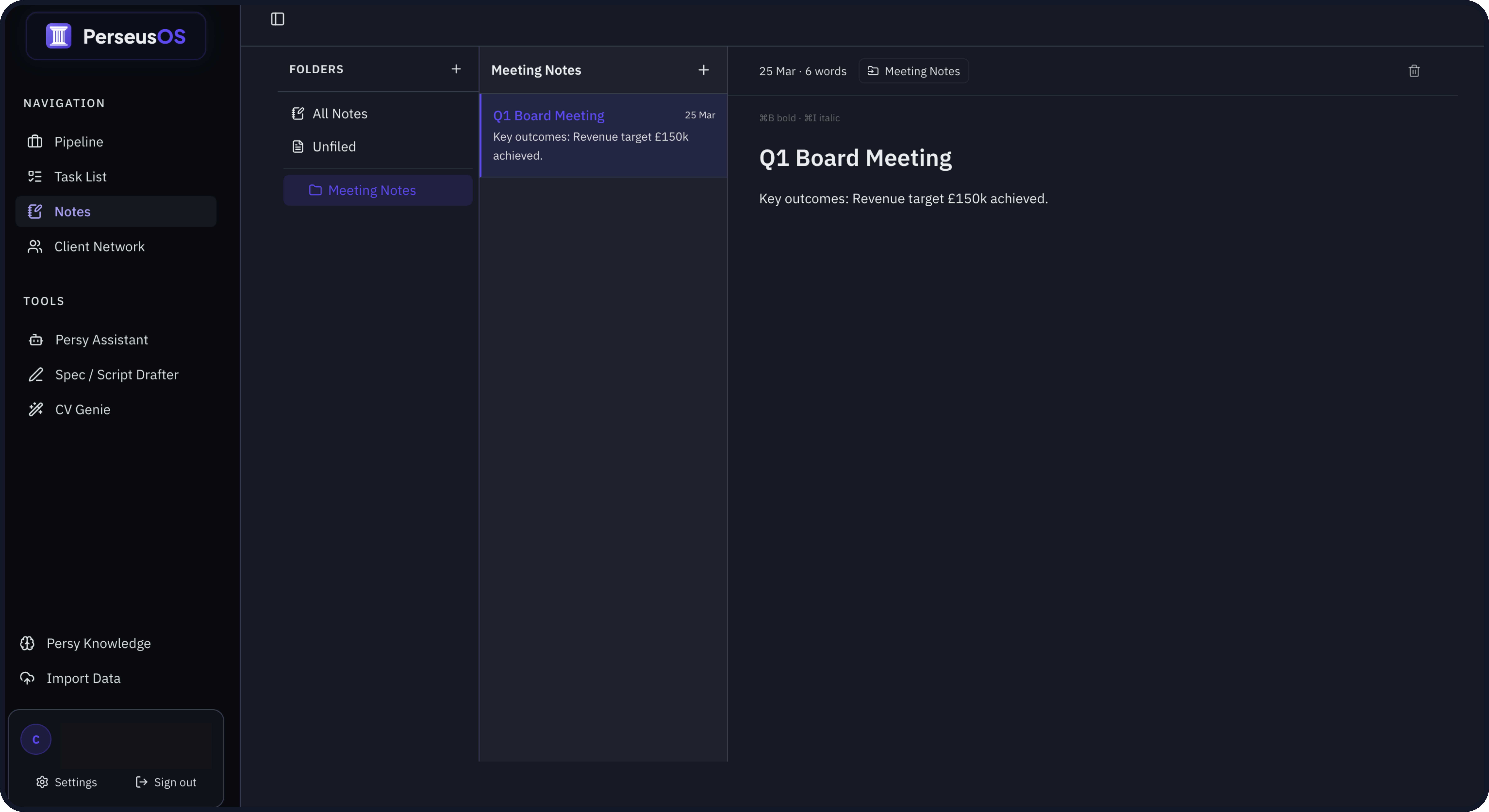 Custom CRM notes view with folder organisation