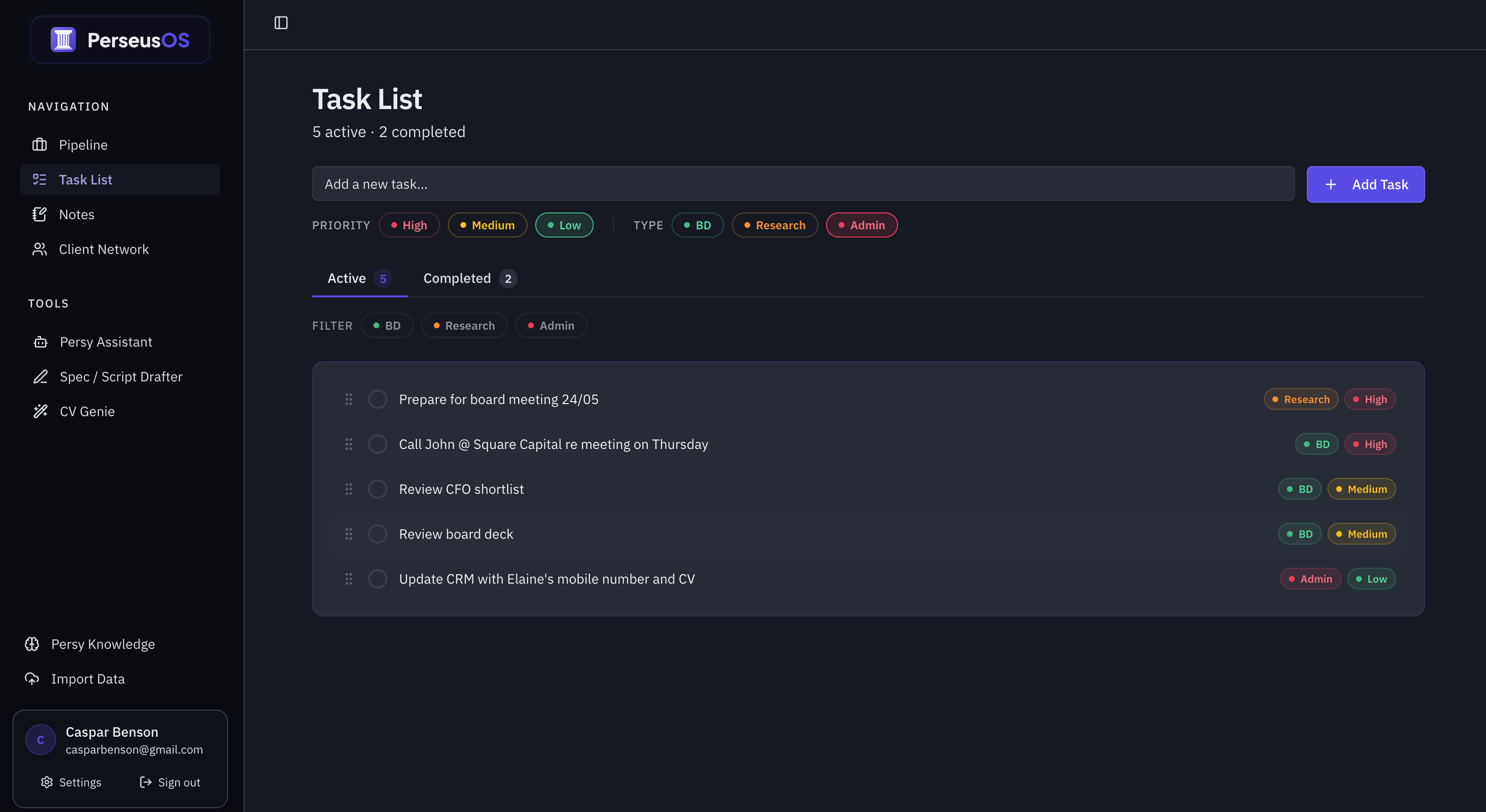 Custom CRM task list with priority and type filtering