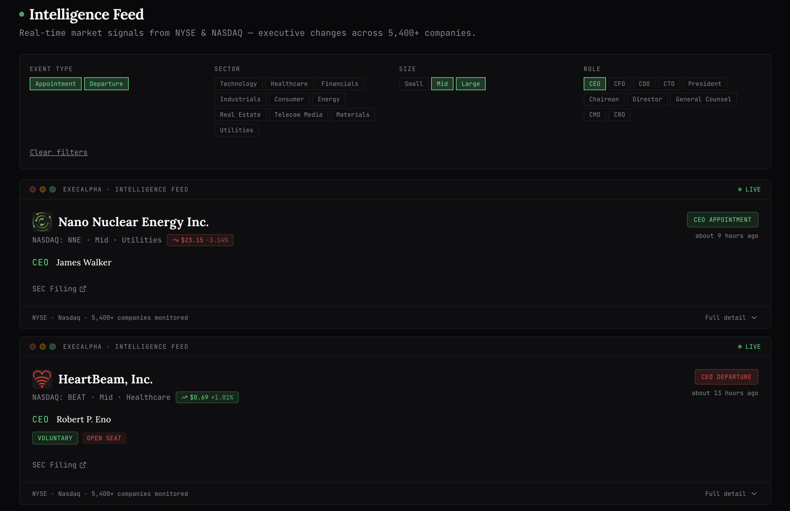 Live ExecAlpha intelligence tool showing real-time executive moves sourced from SEC filings