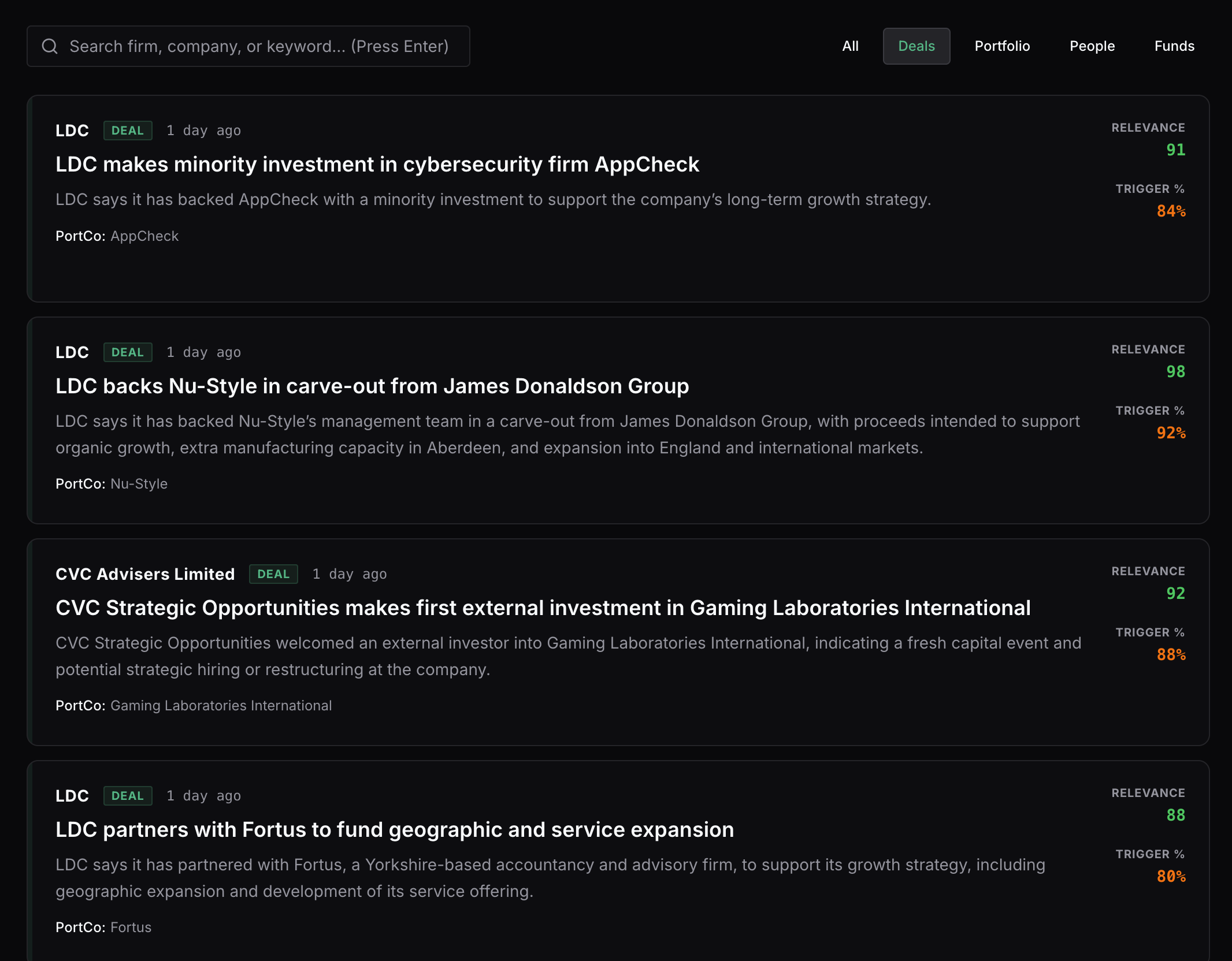 PE Intelligence Tool signal tool showing live PE deal and people move alerts