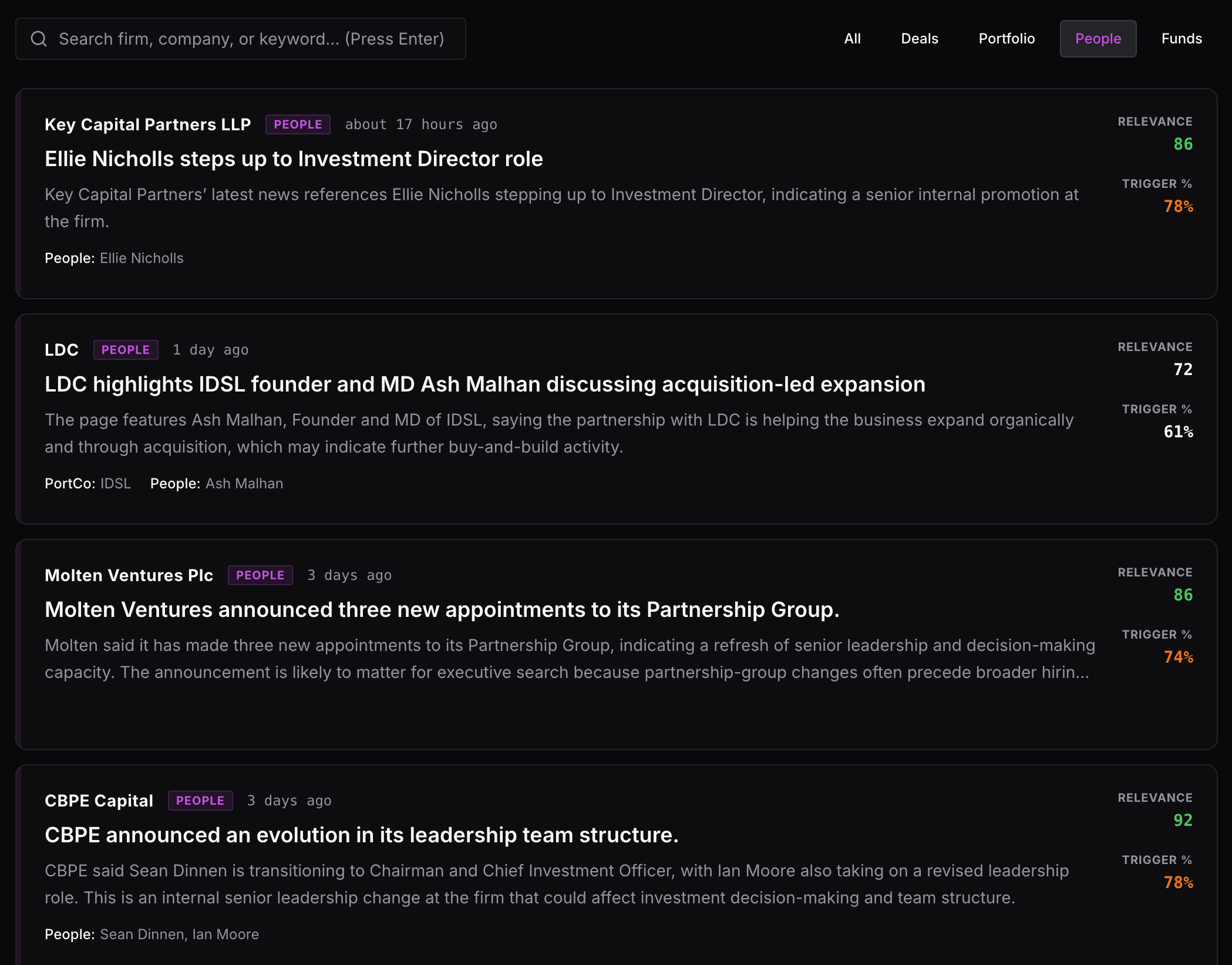 PE Intelligence Tool alert configuration for 200 monitored PE firms